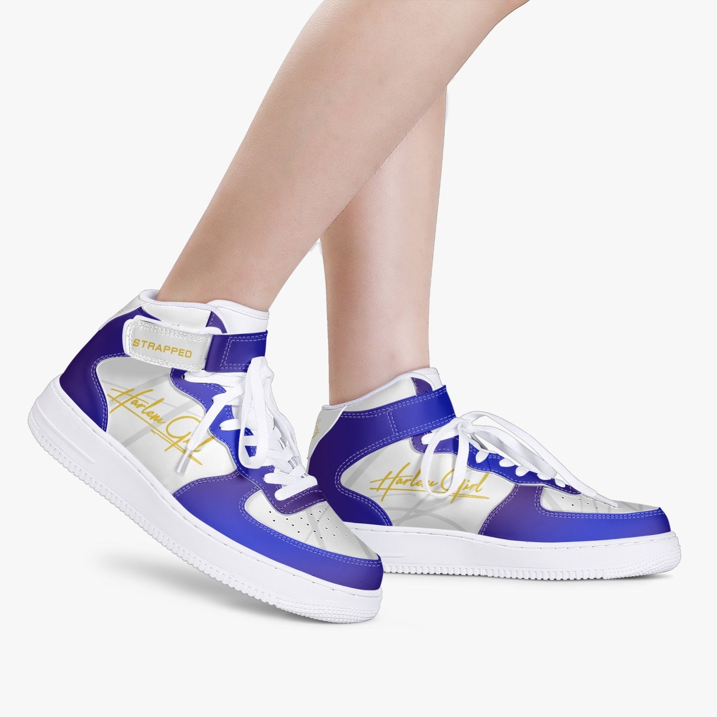 HB Harlem Girl "Strapped" Women's Leather Hi Top Kicks - Blue & Gold-Top Leather Sports Sneakers
