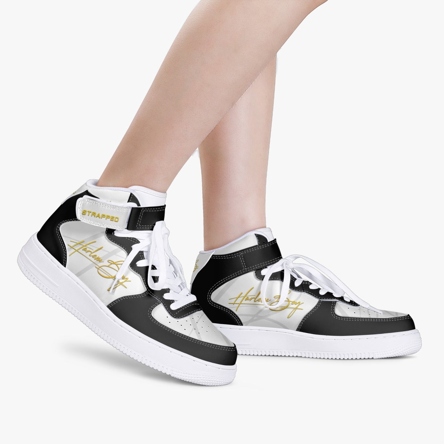 Harlem Boy "STRAPPED" MEN's High-Top Leather Kicks - Black and Gold