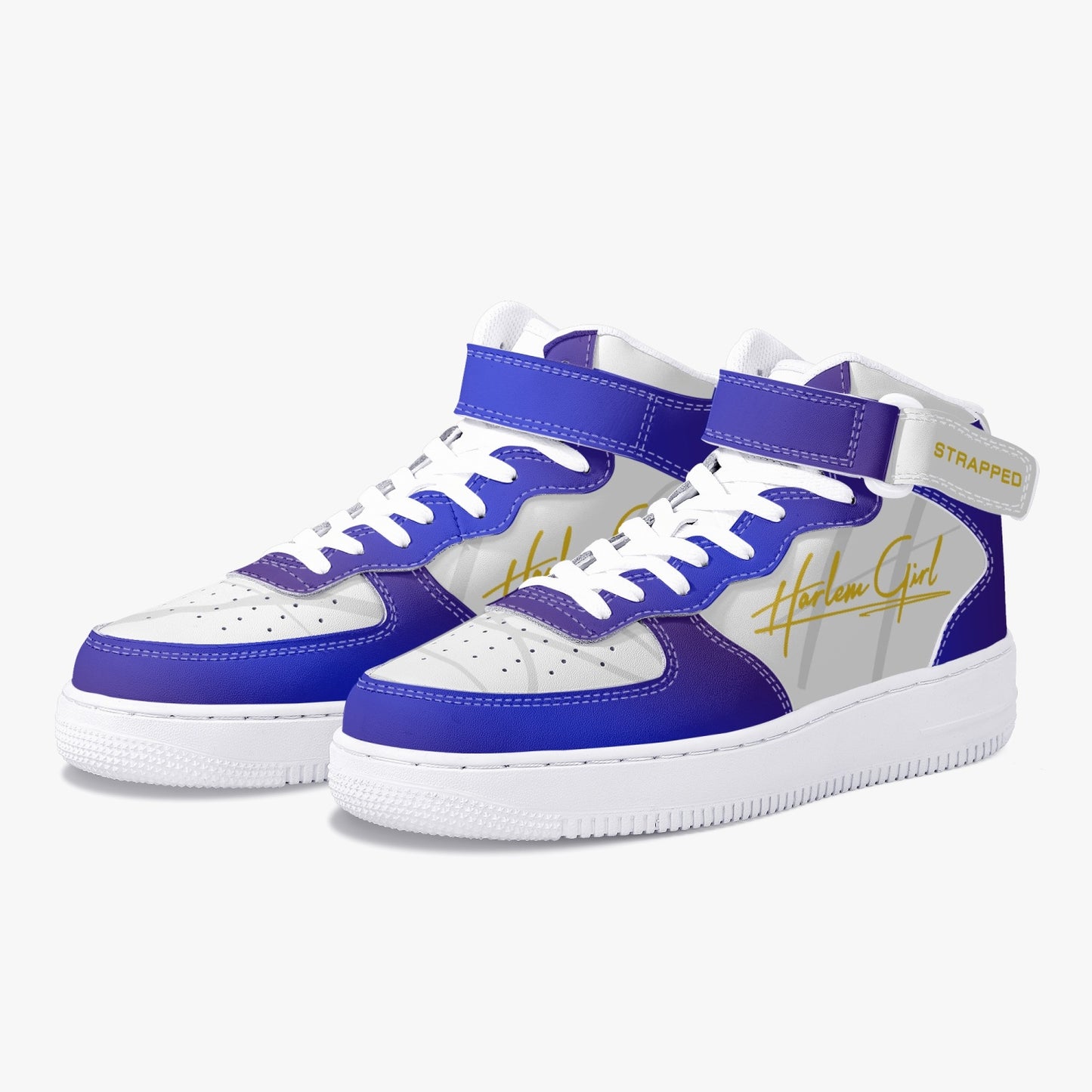 HB Harlem Girl "Strapped" Women's Leather Hi Top Kicks - Blue & Gold-Top Leather Sports Sneakers