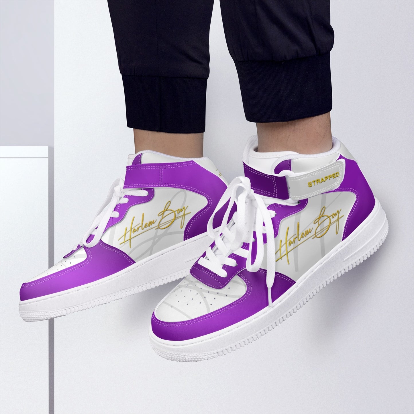 Harlem Boy "STRAPPED" MEN's High-Top Leather Kicks - Purple and Gold