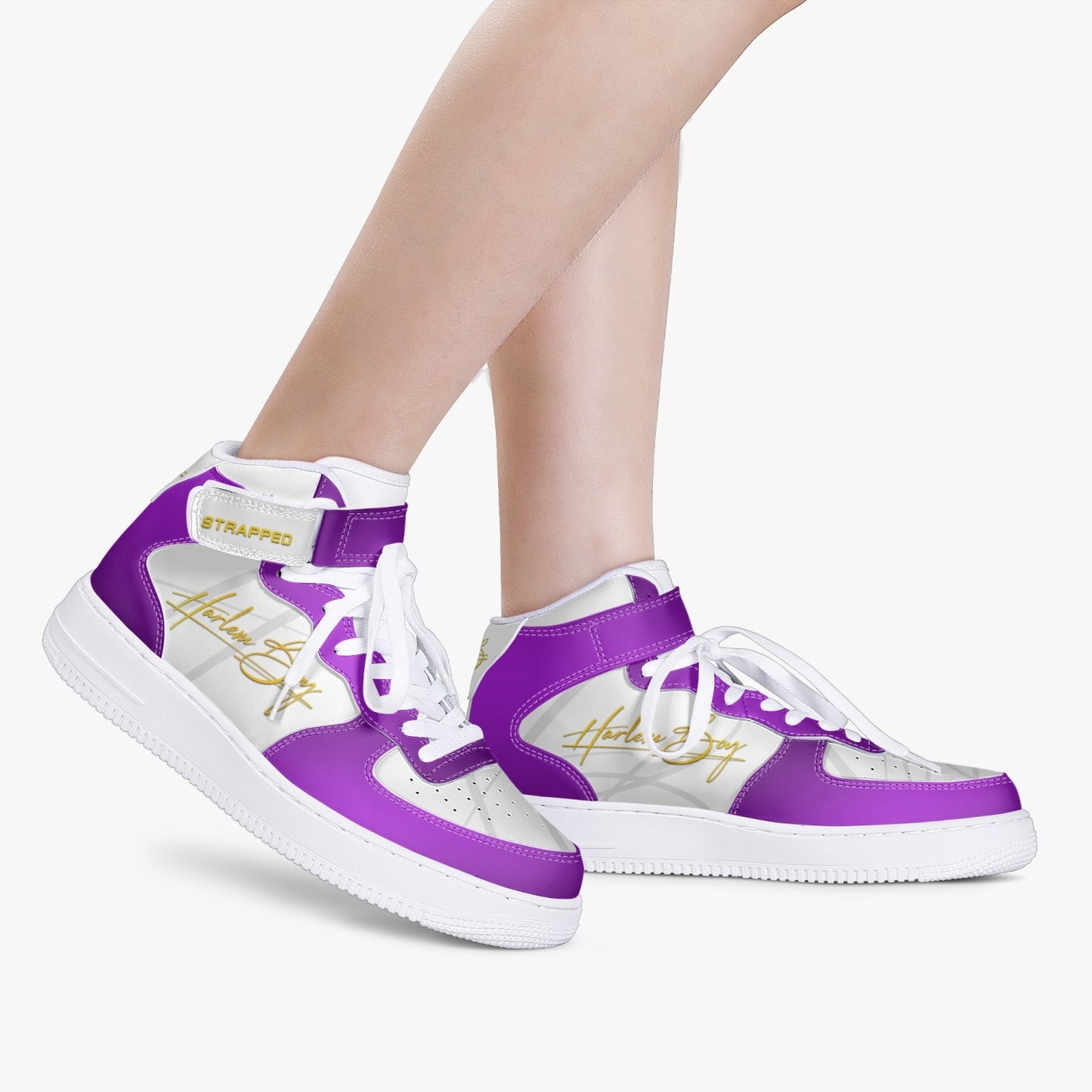 Harlem Boy "STRAPPED" MEN's High-Top Leather Kicks - Purple and Gold