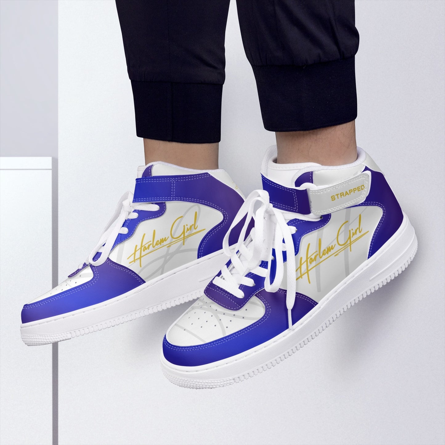 HB Harlem Girl "Strapped" Women's Leather Hi Top Kicks - Blue & Gold-Top Leather Sports Sneakers