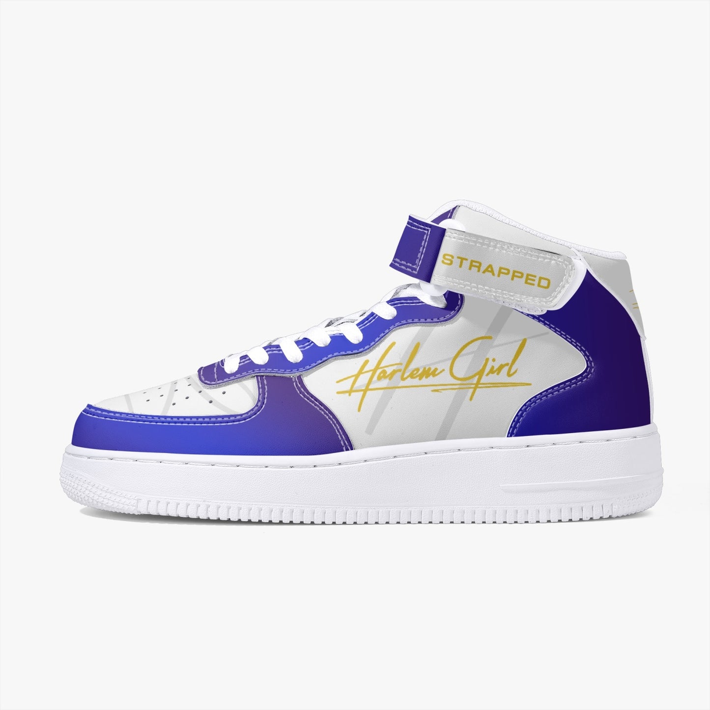 HB Harlem Girl "Strapped" Women's Leather Hi Top Kicks - Blue & Gold-Top Leather Sports Sneakers