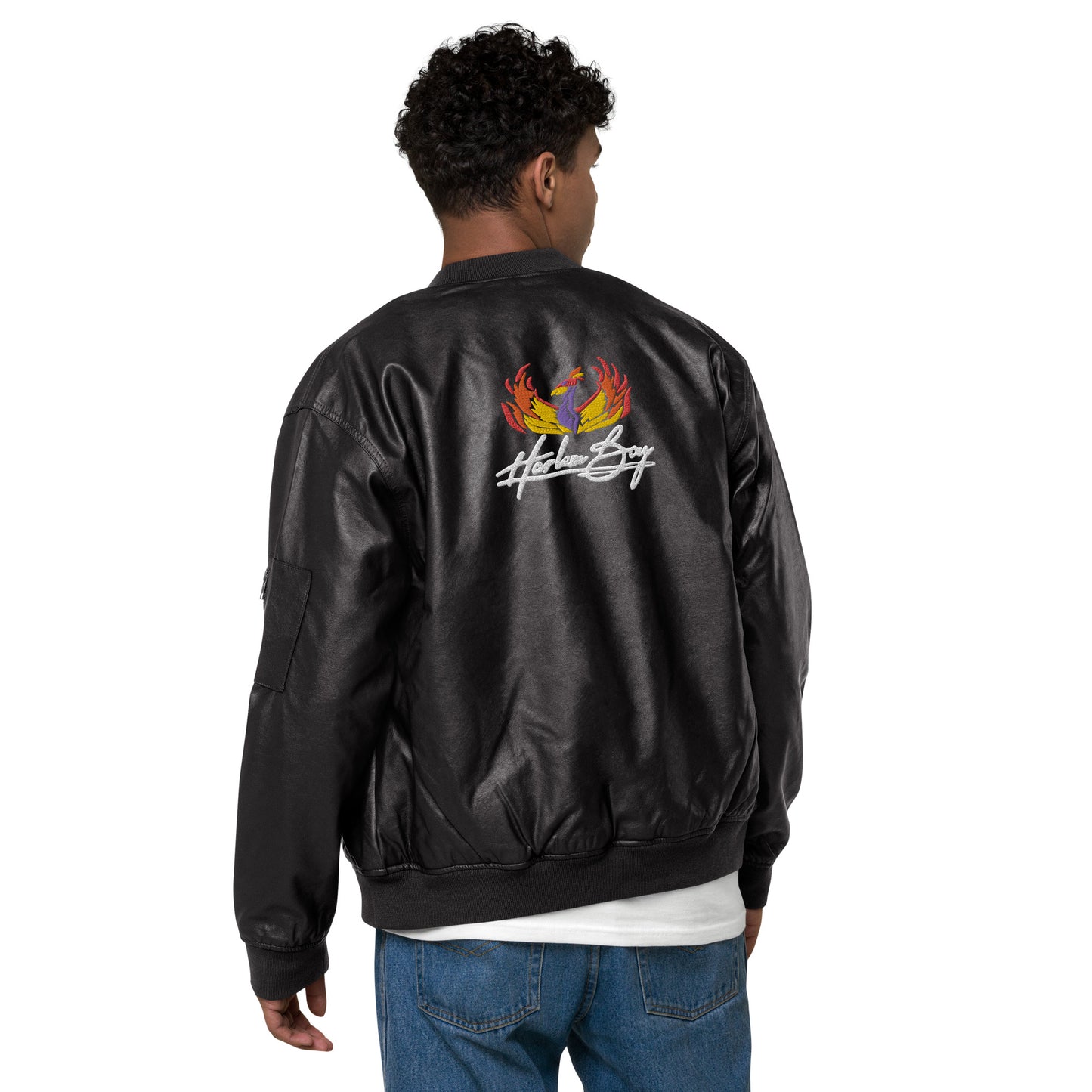 Harlem Boy Collection Vegan Leather Bomber - Embroidered Pheonix Logo